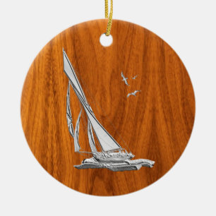 Décoration En Céramique Chrome Regatta Sailboat on Teak Veneer Styles