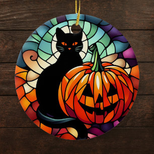 Décoration En Céramique Citrouille Chat noir en verre d'Halloween