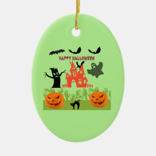 Décoration En Céramique Citrouilles d'Halloween, Chauves-souris, Arbre Eff