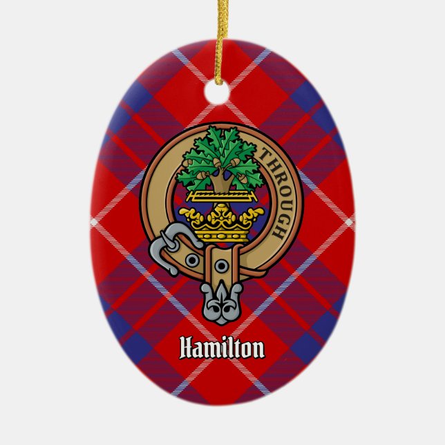 Décoration En Céramique Clan Hamilton Crest sur Red Tartan (Devant)