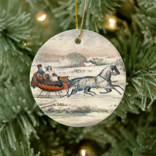 Décoration En Céramique Classique 1853 Traîneau Currier Ives Route Hiver