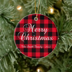 Décoration En Céramique Classique Christmassy Red Buffalo Plaid Family Pho