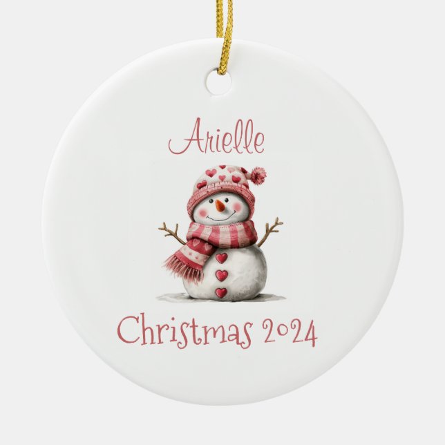 Décoration En Céramique Coeurs roses Snowman Ornament personnalisé (Devant)