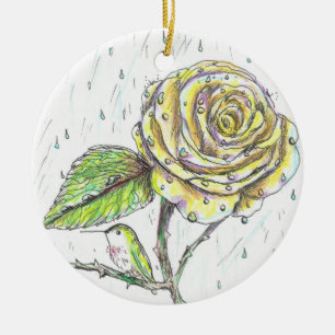 Décoration En Céramique Colibri et Rose dans le dessin de pluie