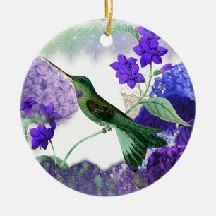 Décoration En Céramique Colibri vert, Prière de sérénité, fleurs viole
