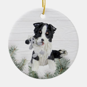 Décoration En Céramique Collie frontière avec l'ornement de Noël des mou