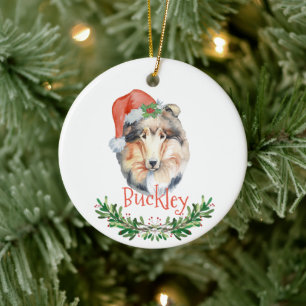 Décoration En Céramique Collie Noël aquarelle personnalisée