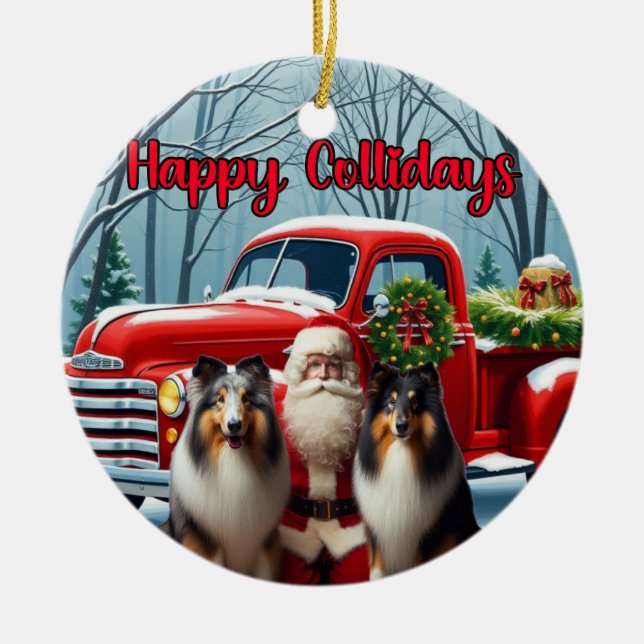 Décoration En Céramique Collies, Santa, Red Truck Ornament (Devant)