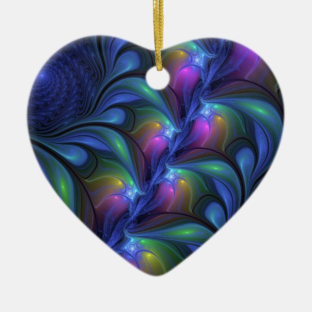 Décoration En Céramique Coloré Abstrait Bleu Rose Vert Fractal Coeur (Devant)