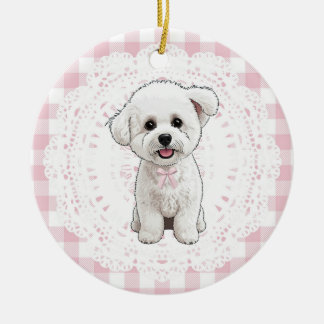 Décoration En Céramique Coquette Bichon Frise Dog Pink Gingham Bows