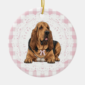 Décoration En Céramique Coquette Bloodhound Dog Pink Gingham Bows