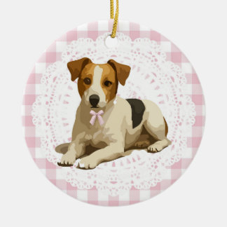 Décoration En Céramique Coquette Jack Russel Terrier Dog Pink Gingham Bows