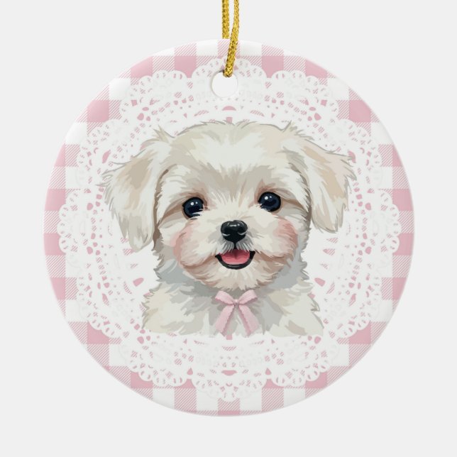 Décoration En Céramique Coquette Maltese Dog Pink Gingham Bows (Devant)