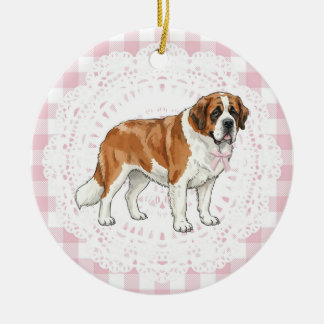 Décoration En Céramique Coquette Saint Bernard Dog Pink Gingham Bows