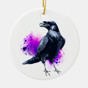 Décoration En Céramique Corbeau avec éclaboussure d'aquarelle violette