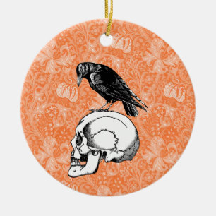 Décoration En Céramique Corbeau ou corbeau et crâne Halloween orange noir