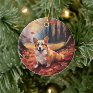 Décoration En Céramique Corgi dans les feuilles d'automne qui tombent insp