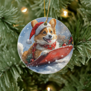 Décoration En Céramique Corgi Dog in Sledge laissez passer Noël