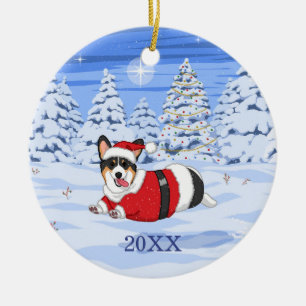 Décoration En Céramique Corgi noir mignon en costume Père Noël de Noël