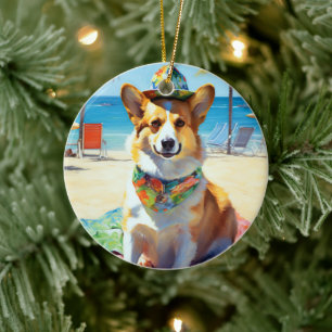 Décoration En Céramique Corgi sur la plage, cadeau d'été pour les amoureux