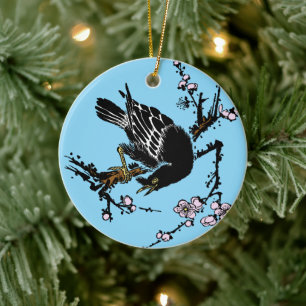 Décoration En Céramique Corneille japonaise vintage et fleurs de cerisiers