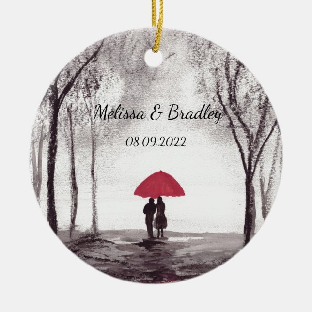 Décoration En Céramique Couple d'amour parapluie rouge Mariage des jeunes  (Devant)