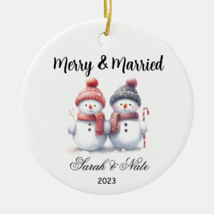 Décoration En Céramique Couples Snowman Merry & Mariage marié