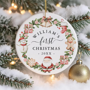 Décoration En Céramique Couronne aquarelle pour le premier Noël de bébé