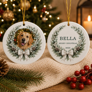 Décoration En Céramique Couronne de chien Photo de Noël avec nœud