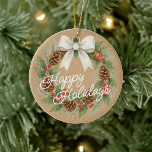 Décoration En Céramique Couronne de décembre élégante avec ruban blanc aqu