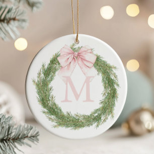 Décoration En Céramique Couronne de Noël avec monogramme et nœud rose