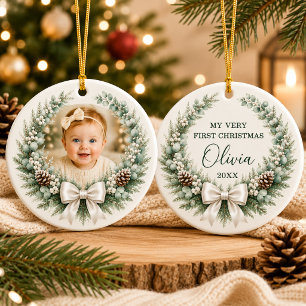 Décoration En Céramique Couronne de Noël avec noeud pour la 1ère Noël de b