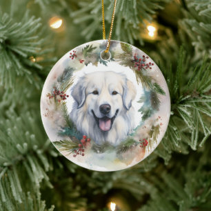 Décoration En Céramique Couronne de Noël des Pyrénées majestueuses Chien f