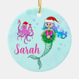 Décoration En Céramique Couronne de Noël Sirène et Pieuvre Colorée
