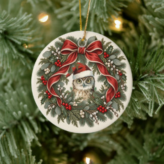 Décoration En Céramique Couronne de Noël vintage avec hibou