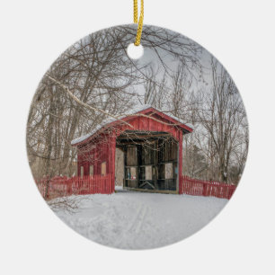 Décoration En Céramique Covered Bridge Red Snow Photo