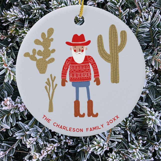 Décoration En Céramique Cowboy Santa Claus Christmas Custom Text (Fun Cowboy Santa Claus Western Christmas Holidays personalized name date ceramic ornament)