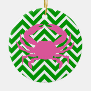 Décoration En Céramique Crabe rose et monogramme Chevron vert