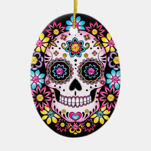 Décoration En Céramique Crâne de sucre aux fleurs colorées