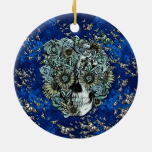 Décoration En Céramique Crâne en papillons bleu roi