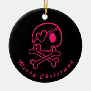 Décoration En Céramique Crâne rose chaud et os croisés Ornament rond