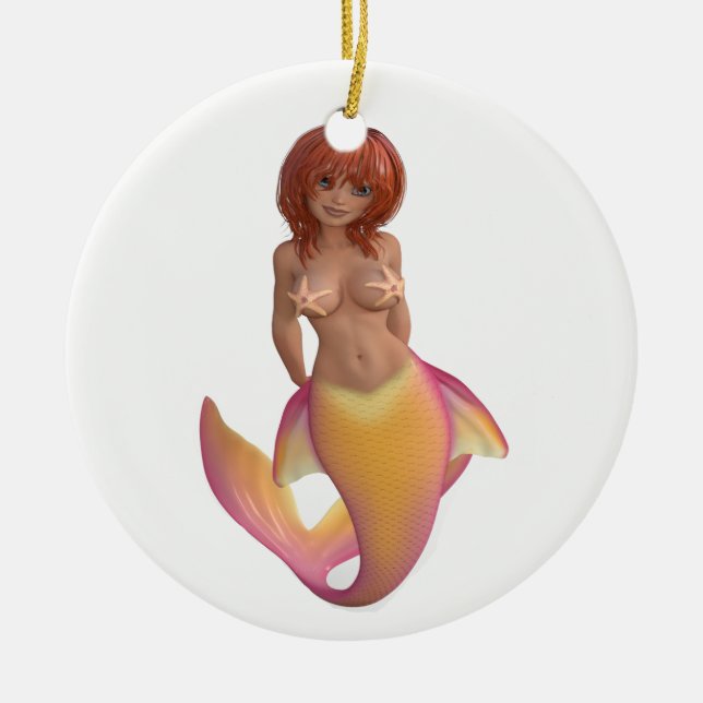 Décoration En Céramique Créature d'eau de sirène avec queue jaune et rose (Devant)