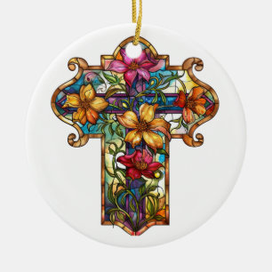 DÉCORATION EN CÉRAMIQUE CROIX DE VERRE CLAIREMENT COLORÉ