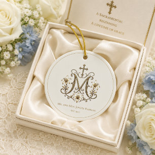 Décoration En Céramique Croix mariale dorée monogramme catholique