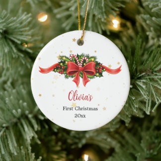 Décoration En Céramique Custom Red Bow First Christmas Ornament
