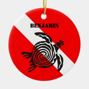Décoration En Céramique Custom Scuba Diving Flag and Sea Turtle
