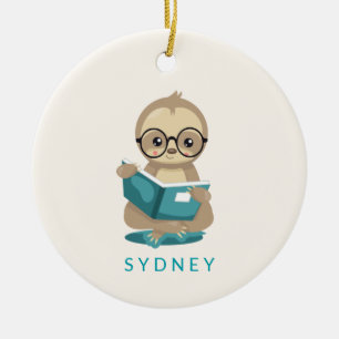 Décoration En Céramique Cute Bookworm Sloth Reading Books Personalized