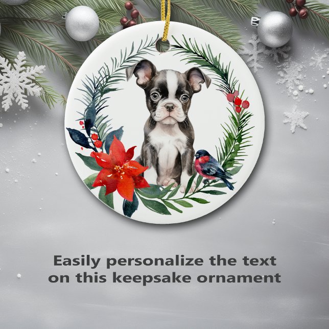 Décoration En Céramique Cute Boston Terrier Puppy Aquarelle Poinsettia (Créateur téléchargé)