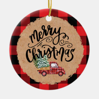 Décoration En Céramique Cute Buffalo Plaid Truck Christmas Ornament