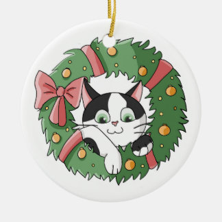 Décoration En Céramique Cute Cartoon Cat in Christmas Wreath Ornament